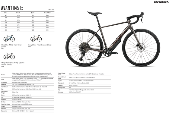 2026 ORBEA AVANT H45 1X - HYDRO ALLOY - SHIMANO Cues U6000 (T104) ROAD BIKE