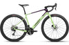 A gravel bicycle with a light green frame, dark purple top tube, black drop handlebars, and black wheels, shown from a side profile on a white background.