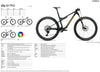 Technical product sheet for the Oiz M-PRO mountain bike, showing a large side profile of the bike on a white background, smaller front/back views, a color swatch, and a detailed spec table. The bike frame is black with yellow and gold accents.