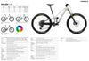 A technical specification and color card page for the Rallon E-LTD mountain bike by Orbea, featuring a large white and black bike on the right, a size chart on the upper left, a color swatch circle, and detailed specs tables on the lower half.
