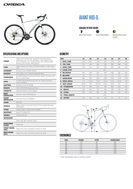 2022 ORBEA AVANT H60-D - Shimano Claris (M101) Endurance Road Bike