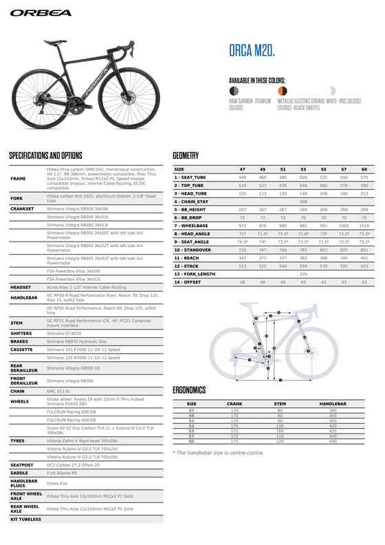 2022 ORBEA ORCA M20 - OMR Carbon - Shimano Ultegra R8000 GS (M119) Road Bike