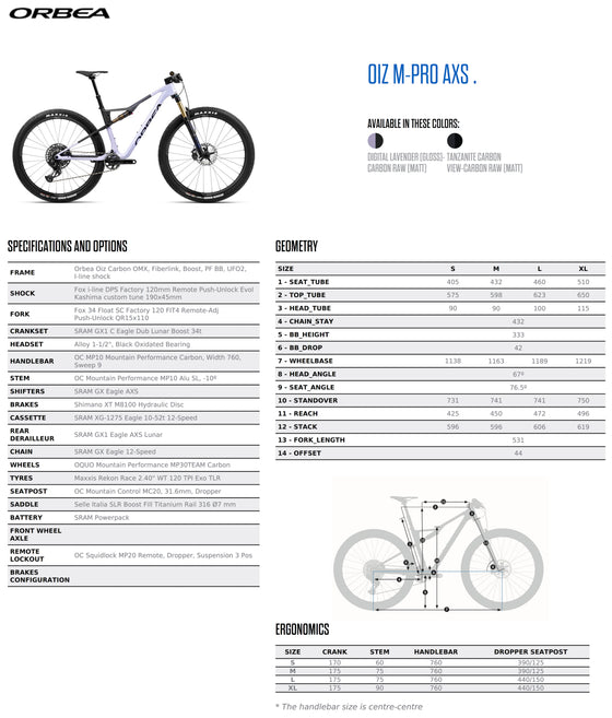 2023 ORBEA OIZ M-PRO AXS - Carbon OMX - SRAM GX1 Eagle AXS (N244) - Available for Pre-Order